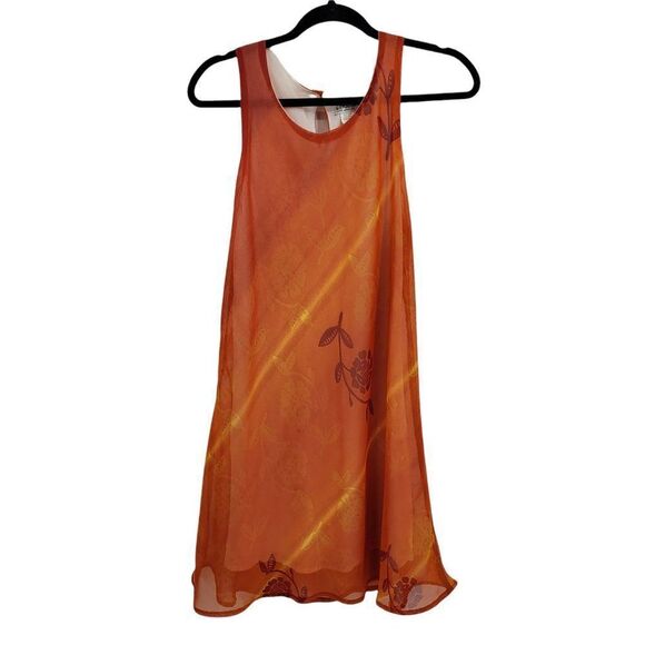 90's Vibrant Orange Floral Sheer Sleeveless Scoop Neck Swing Slip Dress Sz LP - Picture 2 of 8